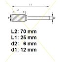 Rotačná fréza na tvrdé kovy 12x25 mm  L70mm  S6  ZYA-S01225  ASTA