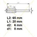 Rotačná fréza na tvrdé kovy 8x20 mm  L65mm  S6  ZYA-S0820  ASTA