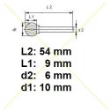 Rotačná fréza na tvrdé kovy 10x9 mm  L54mm  S6  KUD01009  ASTA