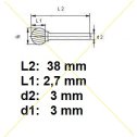 Rotačná fréza na tvrdé kovy 3x2,7 mm  L38mm  S3  KUD0302  ASTA