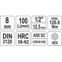 Nadstavec 1/2" HEX8  L100mm YATO